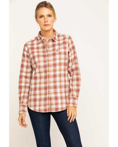 Image #1 - Ariat Women's Boot Barn Exclusive FR Victoria Plaid Print Long Sleeve Work Shirt , Orange, hi-res