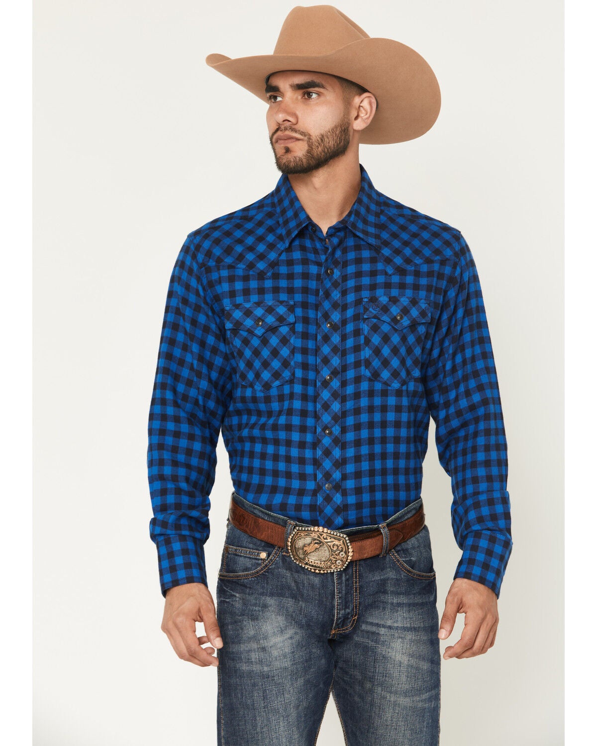 Image #1 - Wrangler Retro Men's Plaid Print Long Sleeve Snap Flannel Shirt, Blue, hi-res