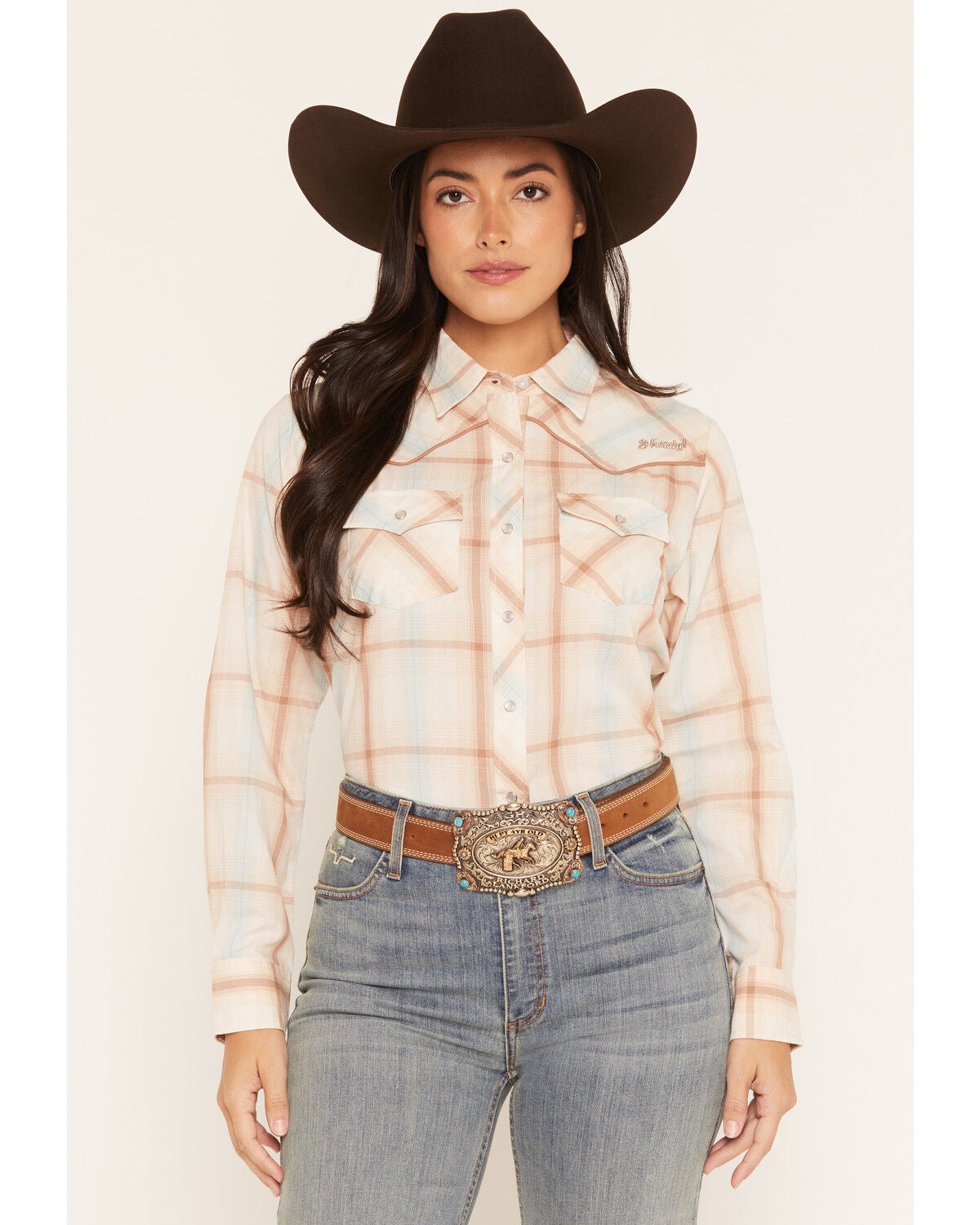 Ely Walker Women's Boot Barn Exclusive Plaid Print Long Sleeve Pearl Snap Western Shirt, Ivory, hi-res
