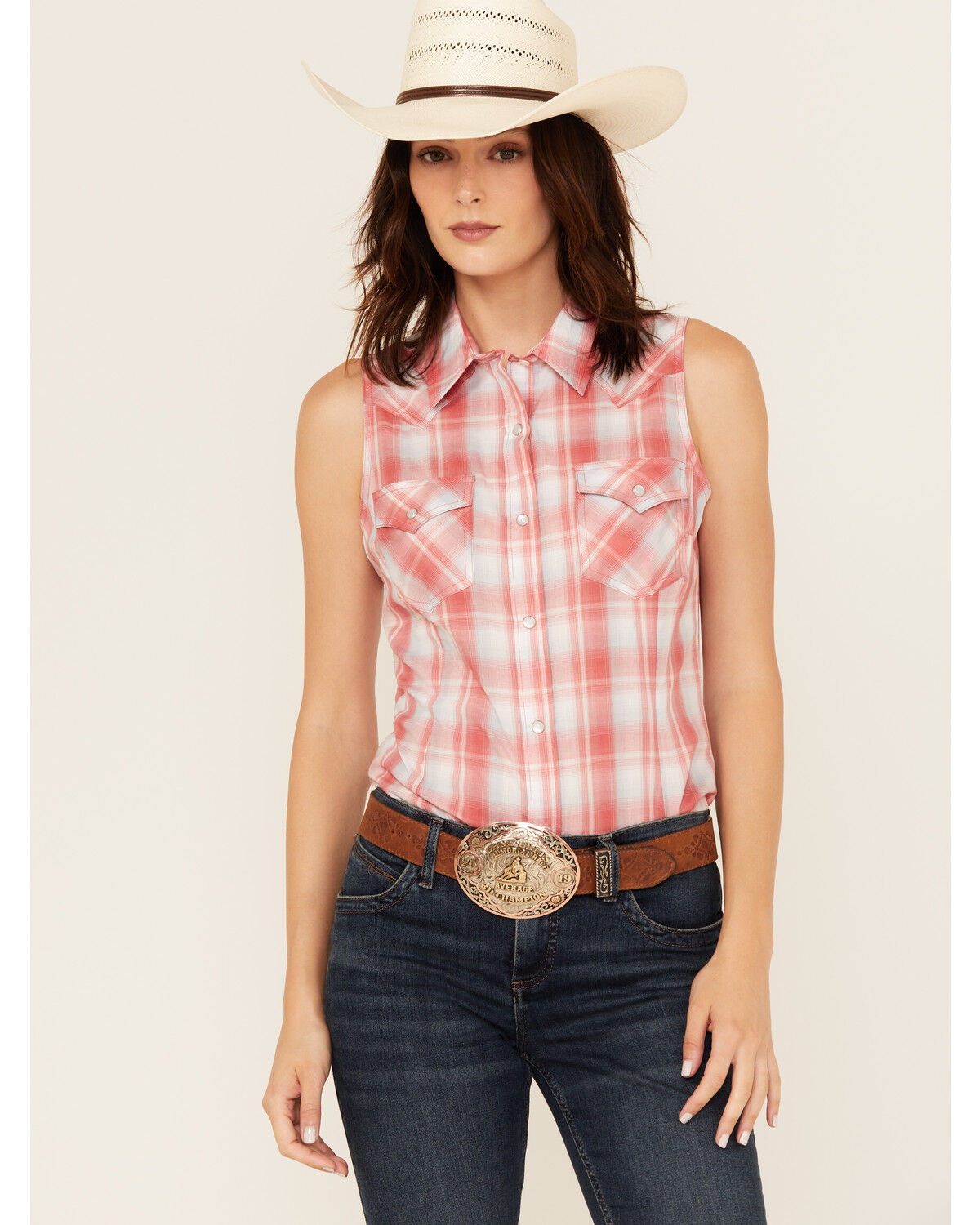Image #1 - Wrangler Retro Women's Boot Barn Exclusive Plaid Print Sleeveless Pearl Snap Shirt, Red, hi-res