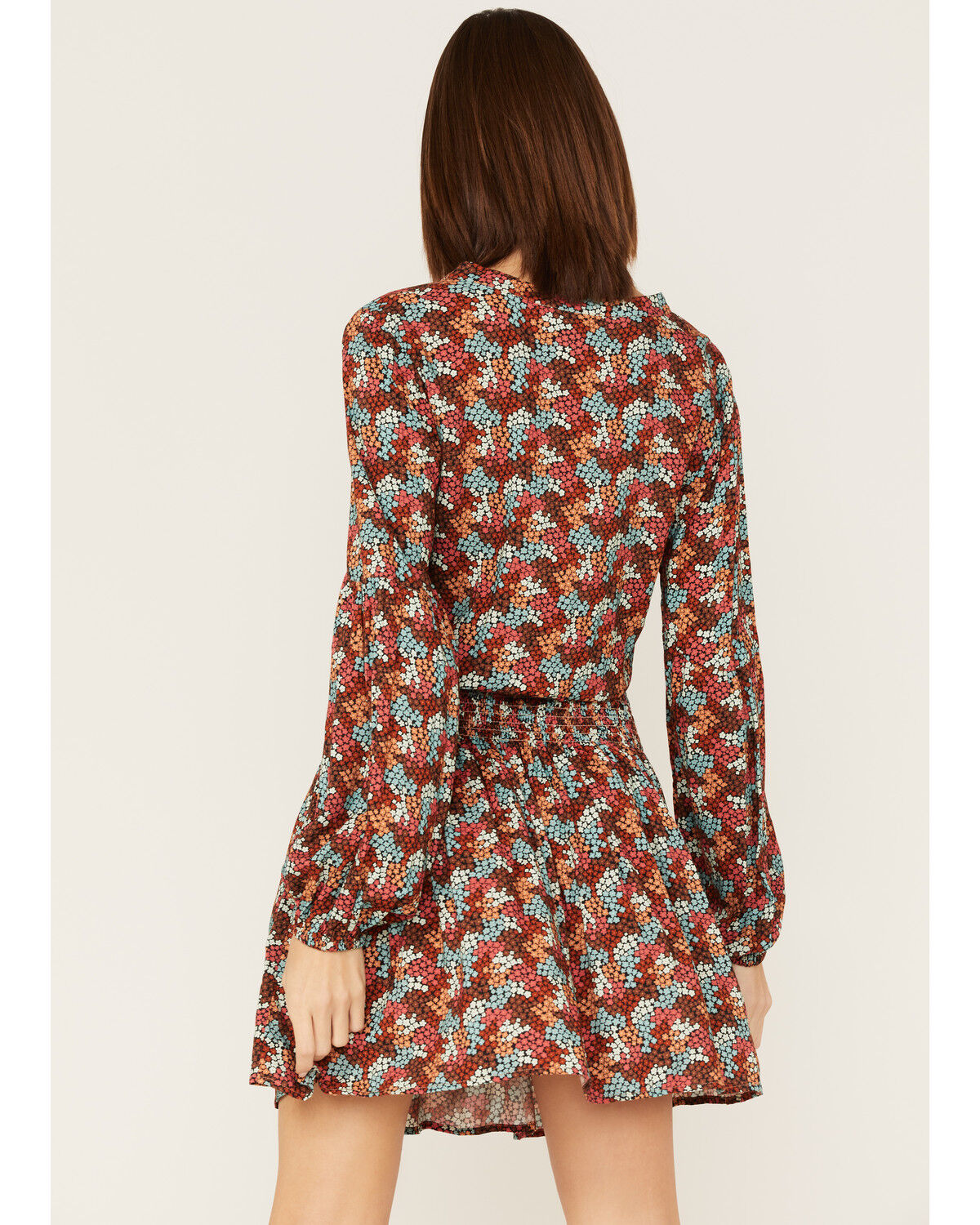 Image #4 - Rock & Roll Denim Women's Ditsy Floral Print Long Sleeve Mini Dress, Rust Copper, hi-res