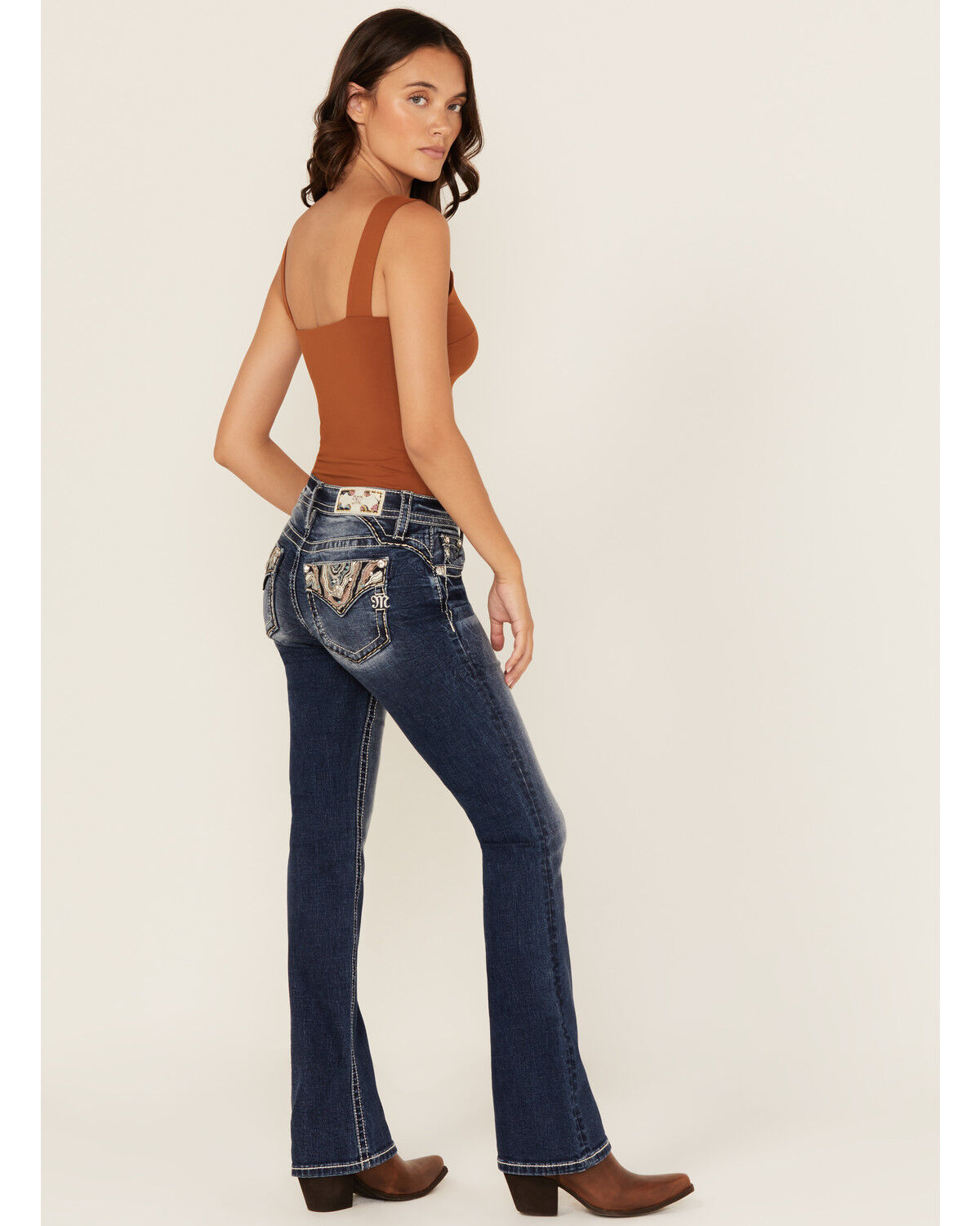 Image #1 - Miss Me Women's Dark Wash Mid Rise Agate Pocket Bootcut Stretch Denim Jeans, Dark Wash, hi-res