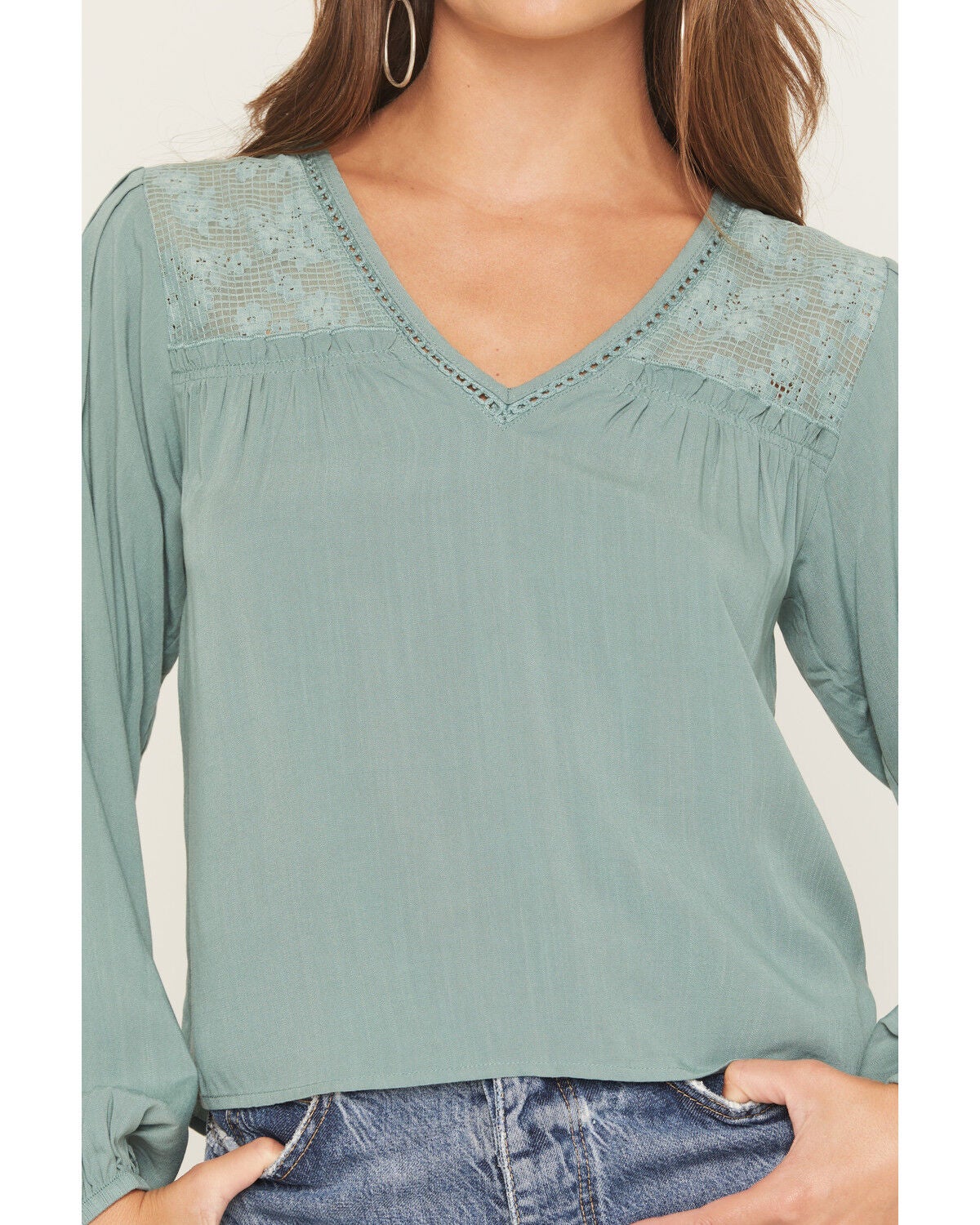 Image #3 - Eyeshadow Women's Long Sleeve Lace Contrast Peasant Top, Sage, hi-res