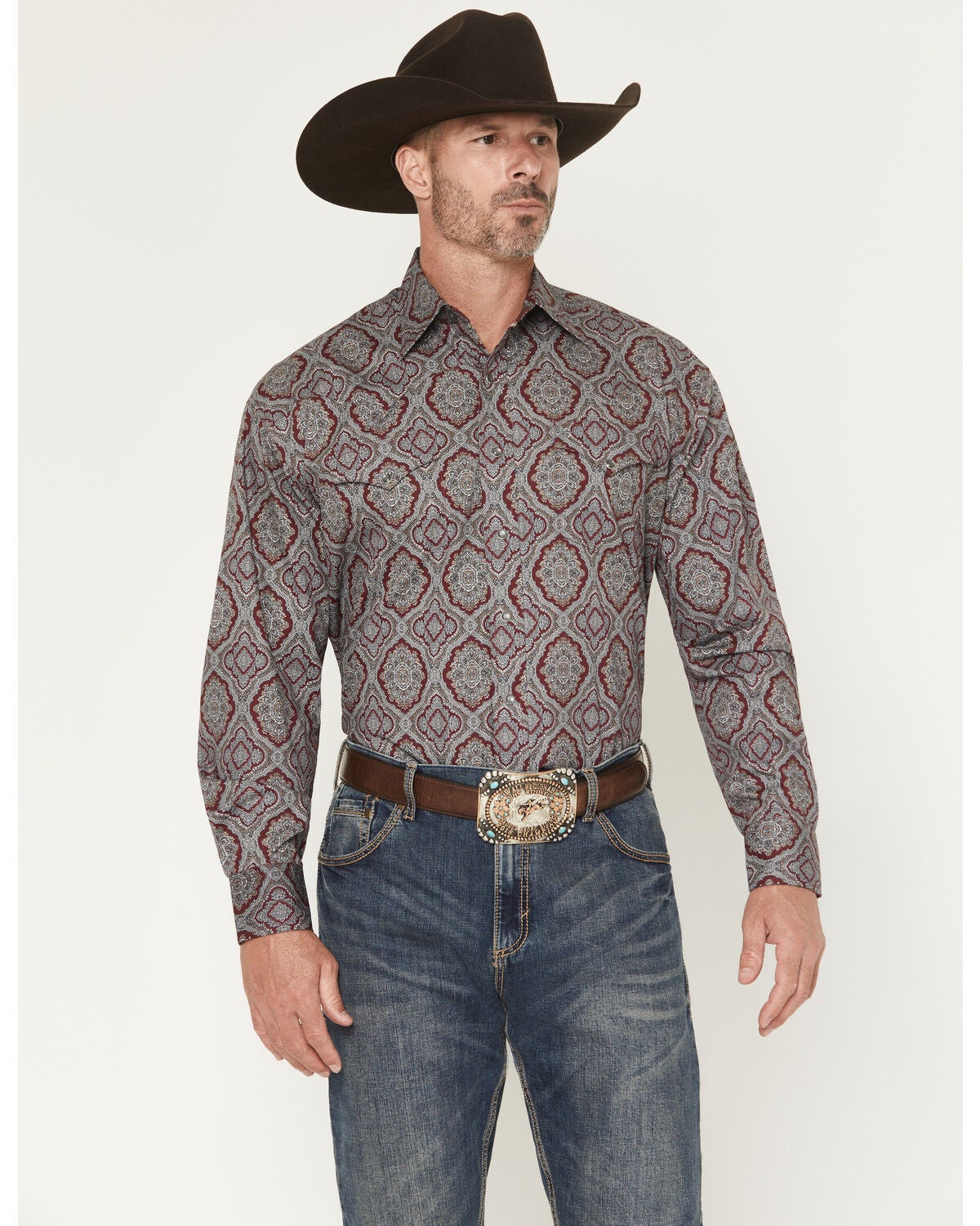 Stetson Men's Medallion Print Long Sleeve Snap Western Shirt, Wine, hi-res