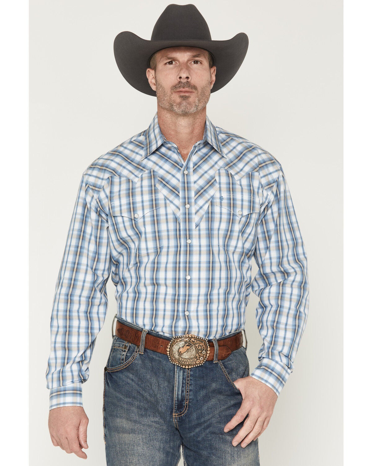 Stetson Men's Dobby Plaid Print Long Sleeve Snap Western Shirt, Blue, hi-res