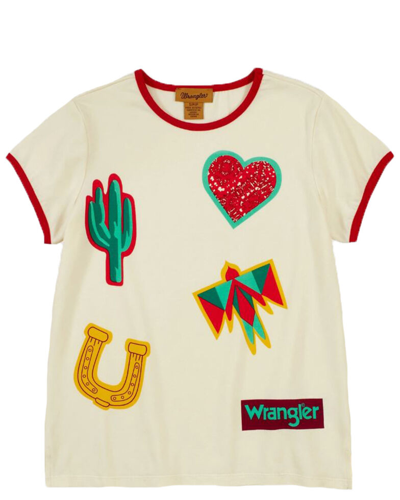 Wrangler Girls' Hearts Horseshoe & Cactus Graphic Short Sleeve Ringer Tee , White, hi-res
