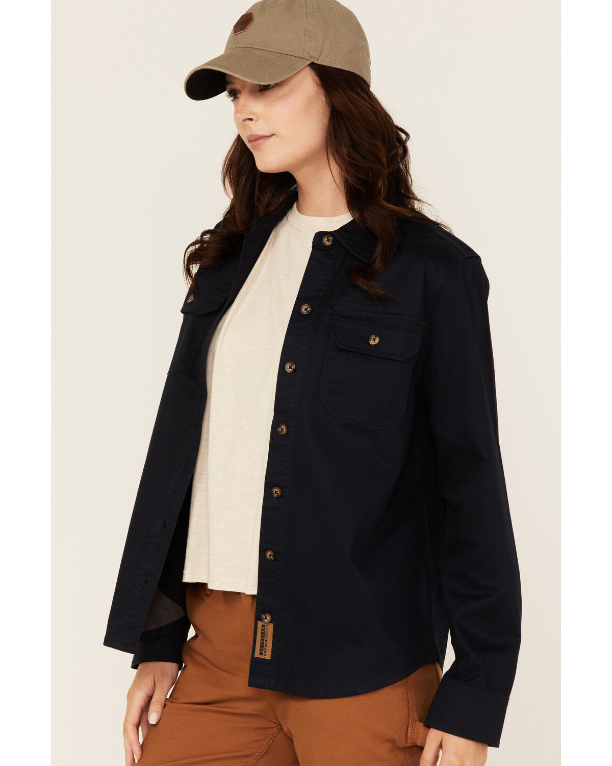 Image #2 - Lucky Brand Workwear Women's Solid Twill Long Sleeve Button-Down Stretch Work Shirt, Navy, hi-res