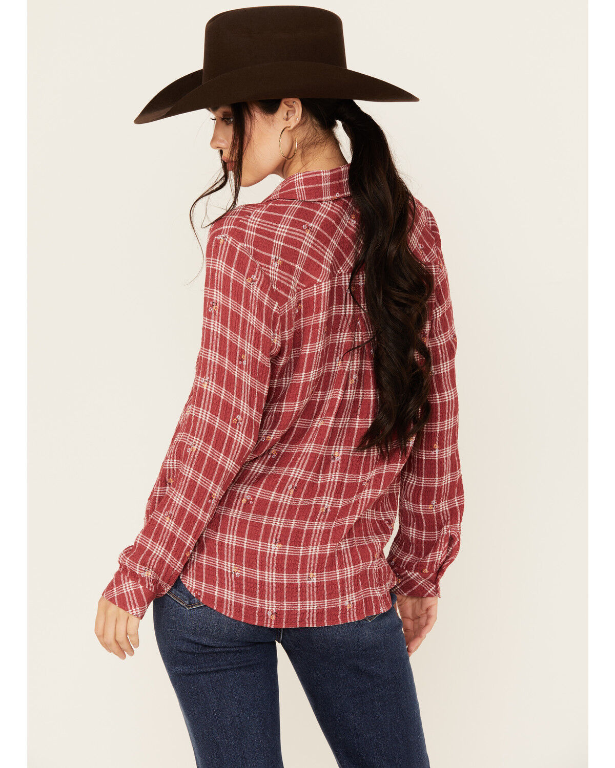 Image #4 - Beyond The Radar Women's Plaid Print Floral Long Sleeve Button-Down Shirt, Burgundy, hi-res