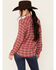 Image #4 - Beyond The Radar Women's Plaid Print Floral Long Sleeve Button-Down Shirt, Burgundy, hi-res