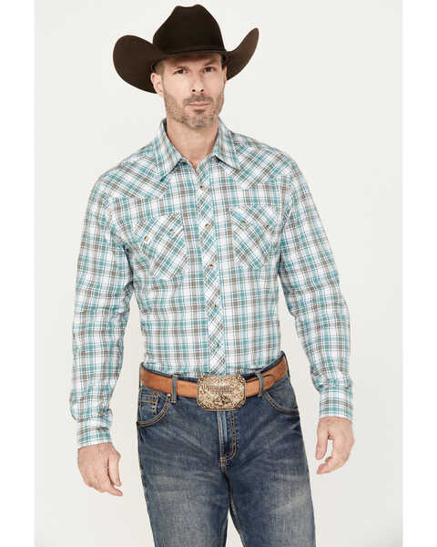 Wrangler Retro Men's Plaid Print Long Sleeve Snap Western Shirt, Teal, hi-res