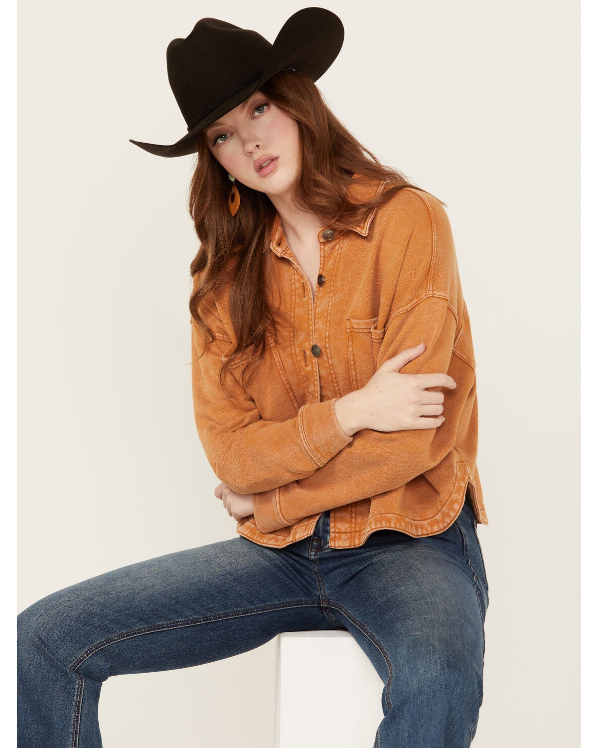 White Crow Women's Washed Knit Cropped Shacket, Rust Copper, hi-res