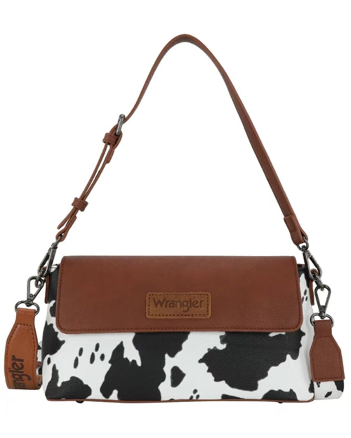 Image #1 - Wrangler Women's Boot Barn Exclusive Daisy Cow Print Flap Shoulder Bag, Brown, hi-res