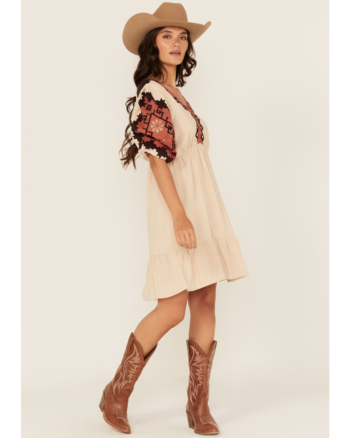 Image #1 - Shyanne Women's Embroidered Quarter Sleeve Mini Dress, Tan, hi-res