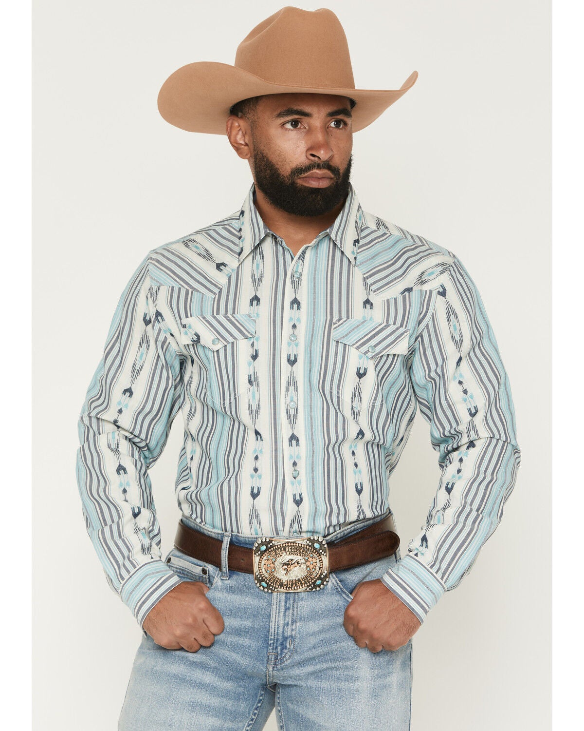 Cody James Men's Heath Southwestern Striped Long Sleeve Snap Stretch Western Shirt, Blue, hi-res