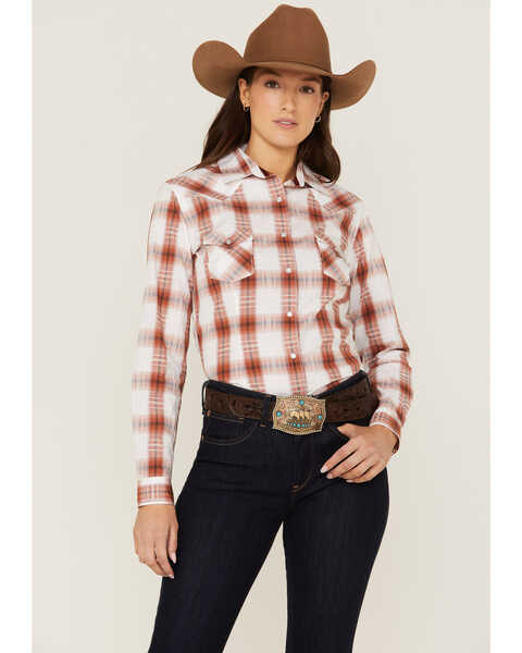 Image #1 - Rough Stock By Panhandle Women's Dobby Plaid Print Long Sleeve Western Pearl Snap Shirt, Red, hi-res