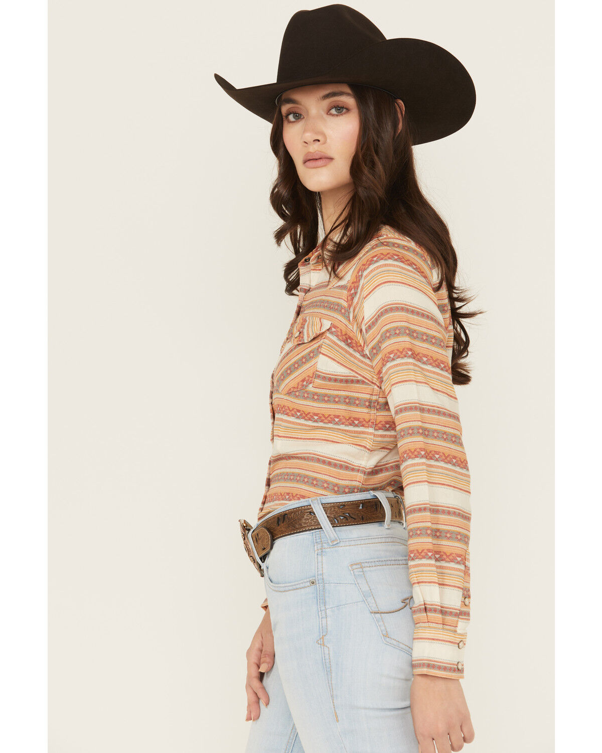 Image #2 - Panhandle Women's Striped Print Long Sleeve Snap Western Shirt, Cream, hi-res