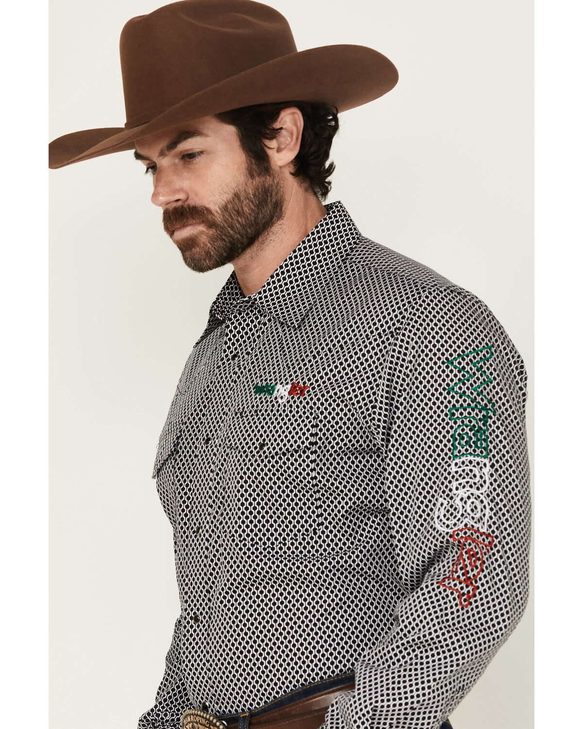 Image #2 - Wrangler Men's Mexico Logo Embroidered Geo Print Long Sleeve Snap Western Shirt, Black, hi-res