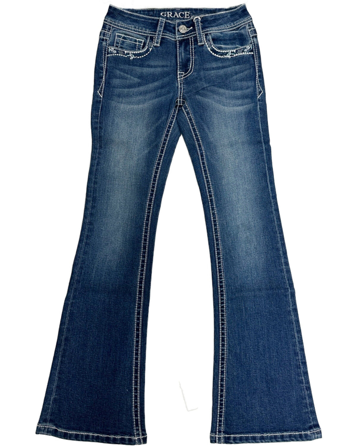 Image #2 - Grace in LA Girls' Dark Wash Floral Horseshoe Pocket Bootcut Stretch Denim Jeans, Dark Wash, hi-res