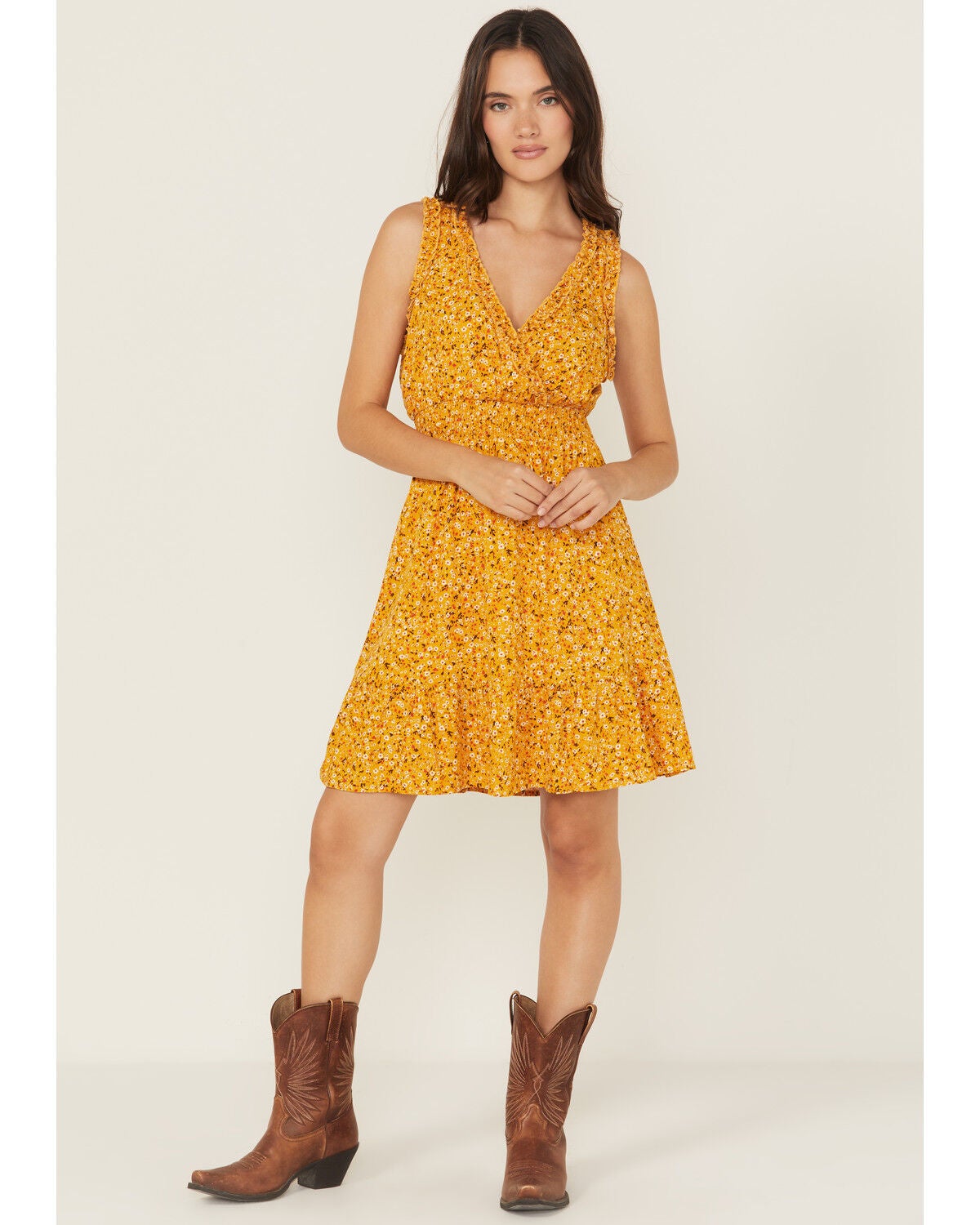 Shyanne Women's Floral Print Sleeveless Mini Dress, Gold, hi-res