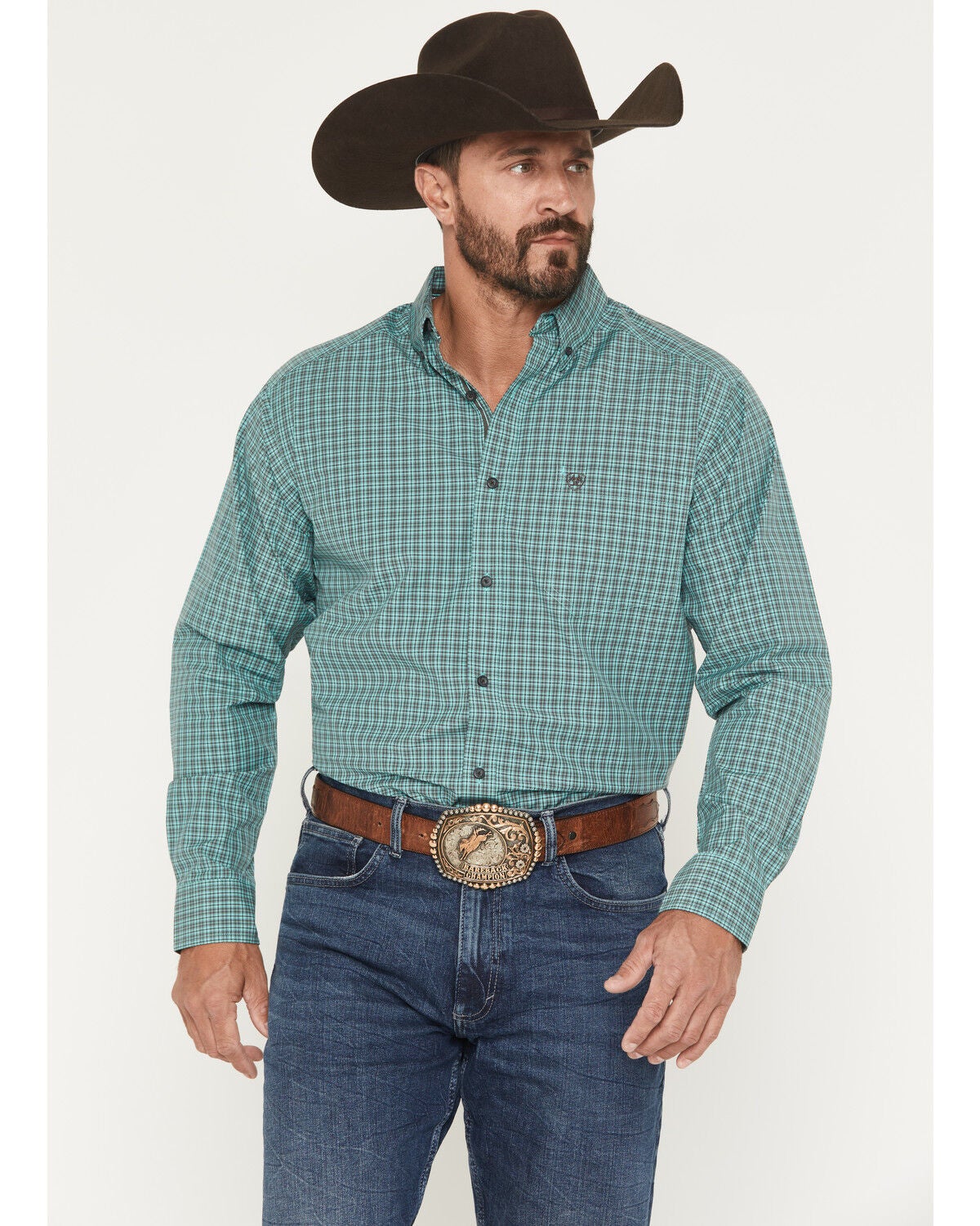 Ariat Men's Pro Series Brooks Plaid Print Long Sleeve Button-Down Stretch Western Shirt, Aqua, hi-res