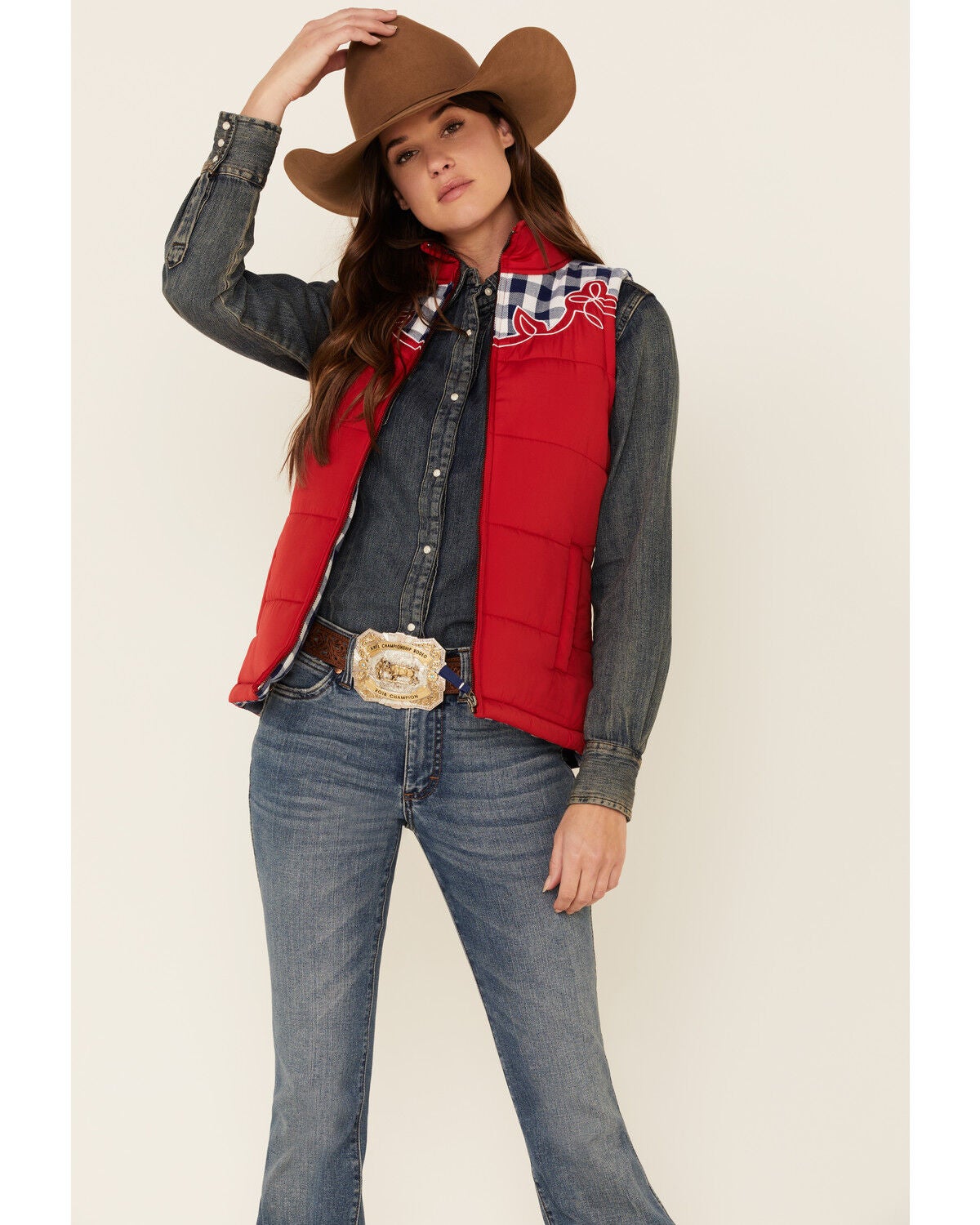 Image #1 - Cruel Girl Women's Red Embroidered Quilted Poly Puffer Vest, , hi-res