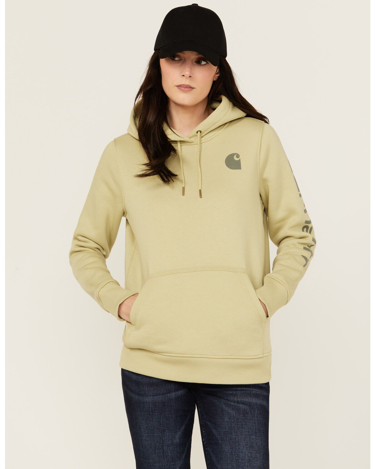 Image #1 - Carhartt Women's Relaxed Fit Midweight Logo Graphic Hoodie, Sand, hi-res