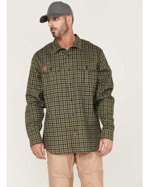 Hawx Men's FR Plaid Woven Long Sleeve Button-Down Work Shirt - Tall , Olive, hi-res