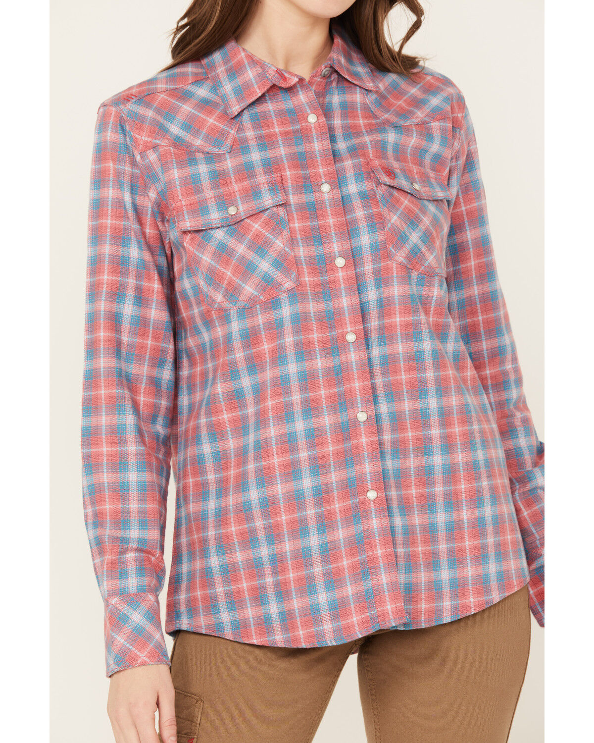 Image #2 - Ariat Women's FR Plaid Print Long Sleeve Button Down Work Shirt, Coral, hi-res