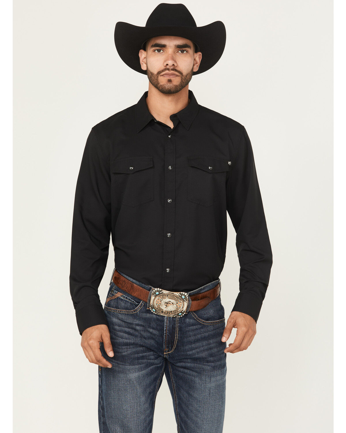 Image #1 - RANK 45® Men's Remming Solid Long Sleeve Snap Performance Western Shirt, Black, hi-res