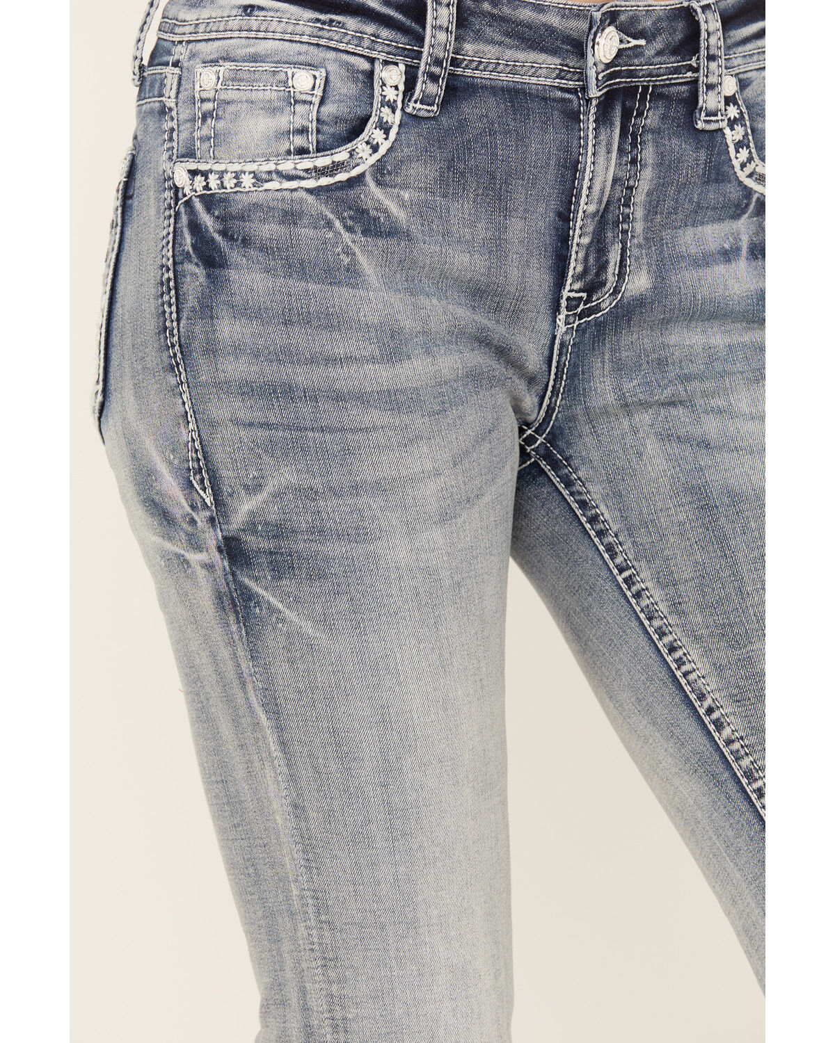 Image #4 - Grace in LA Women's Light Wash Mid Rise Floral Motif Pocket Bootcut Jeans, , hi-res