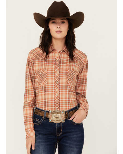 Rough Stock by Panhandle Women's Plaid Print Long Sleeve Snap Western Shirt , Rust Copper, hi-res