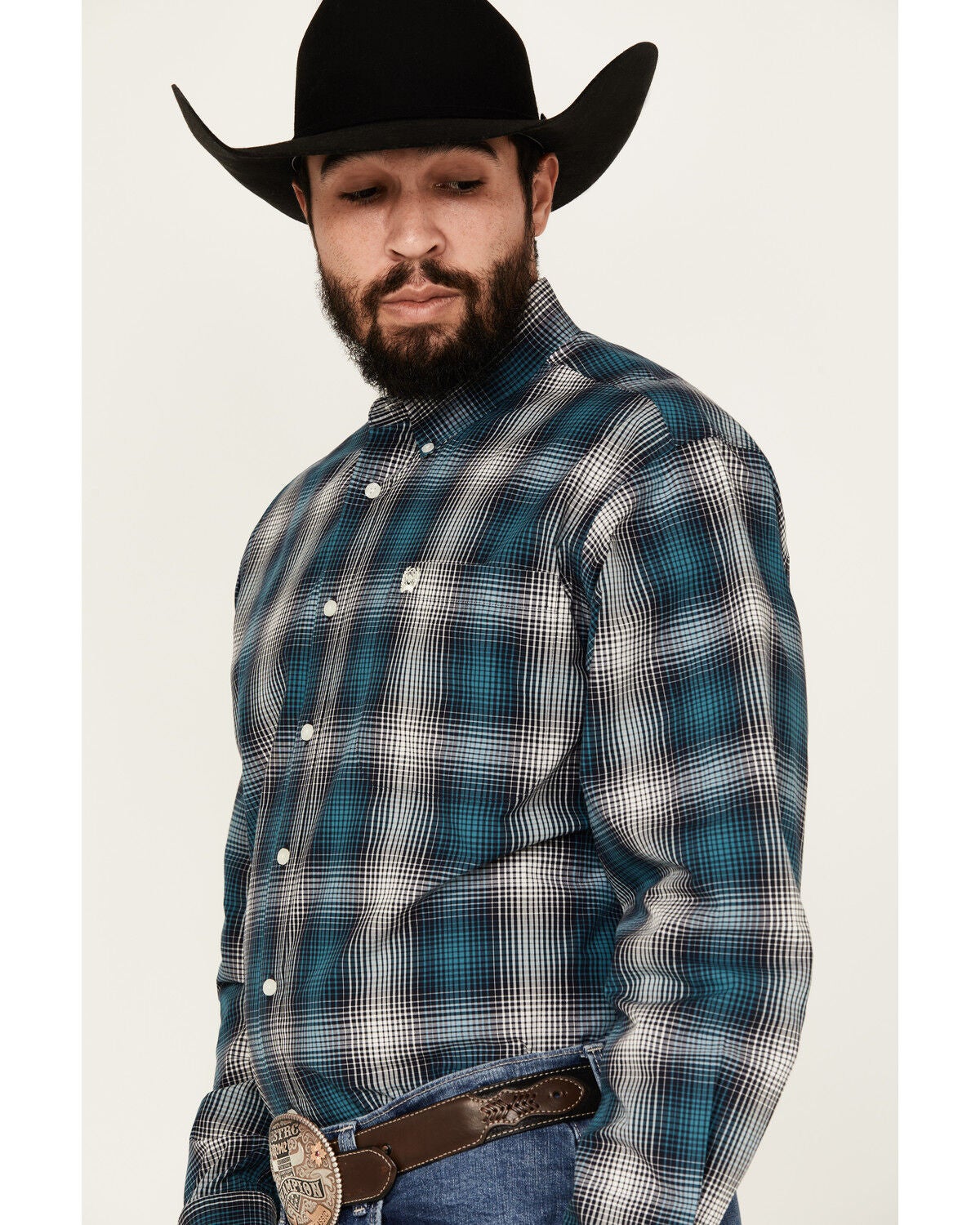 Image #2 - Cinch Men's Plaid Print Long Sleeve Button-Down Western Shirt, Teal, hi-res