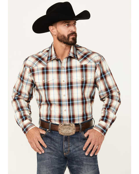 Roper Men's Amarillo Plaid Print Long Sleeve Pearl Snap Western Shirt, Dark Red, hi-res