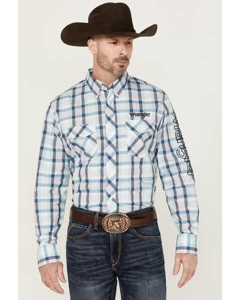 Wrangler Men's Plaid Print Logo Long Sleeve Button-Down Western Shirt , Teal, hi-res