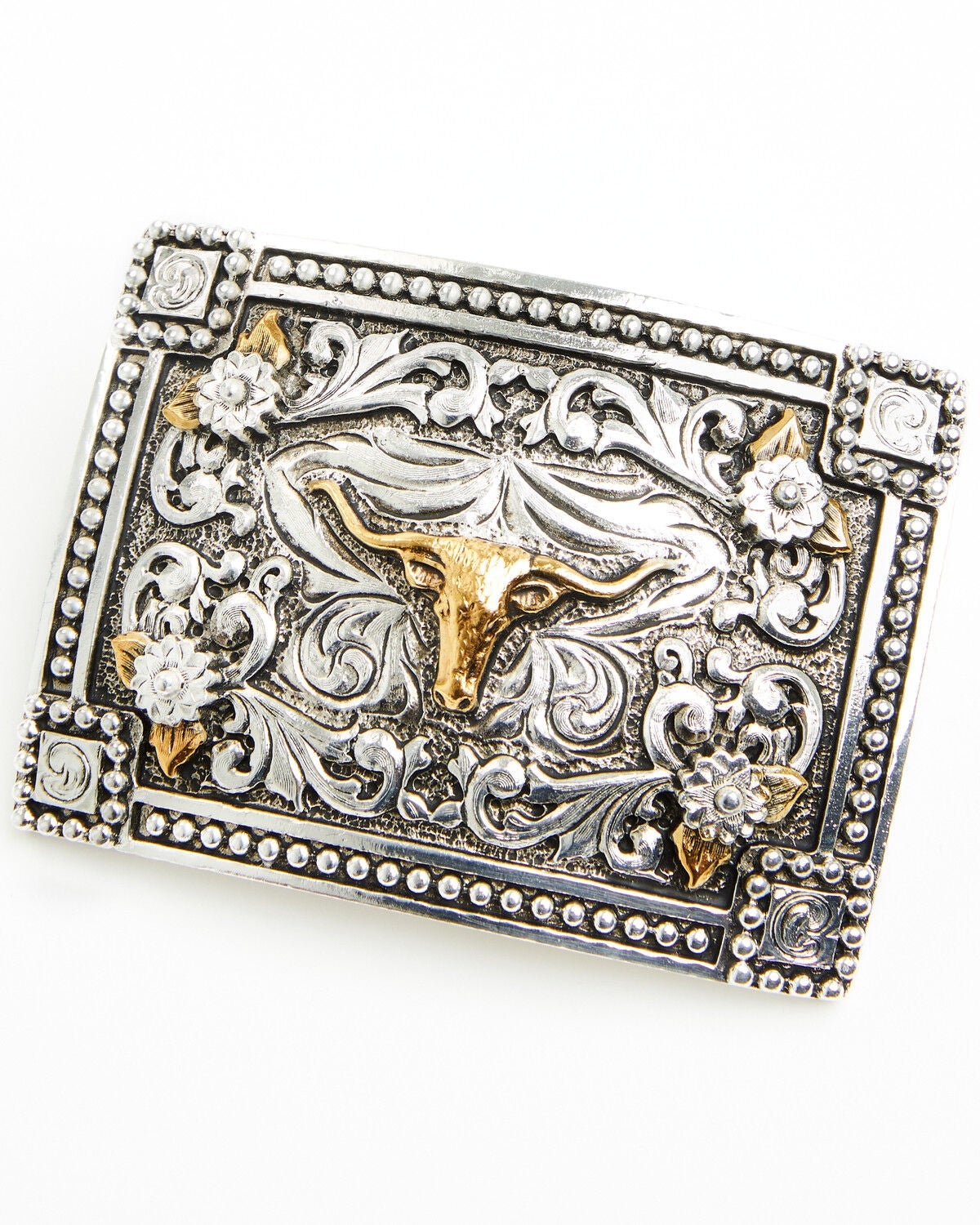 Image #1 - Cody James Long Horn Border Belt Buckle, Silver, hi-res