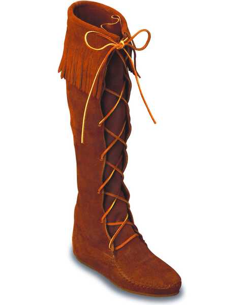 Minnetonka Front Laced Hard Sole Knee-High Fringe Boots, Brown, hi-res