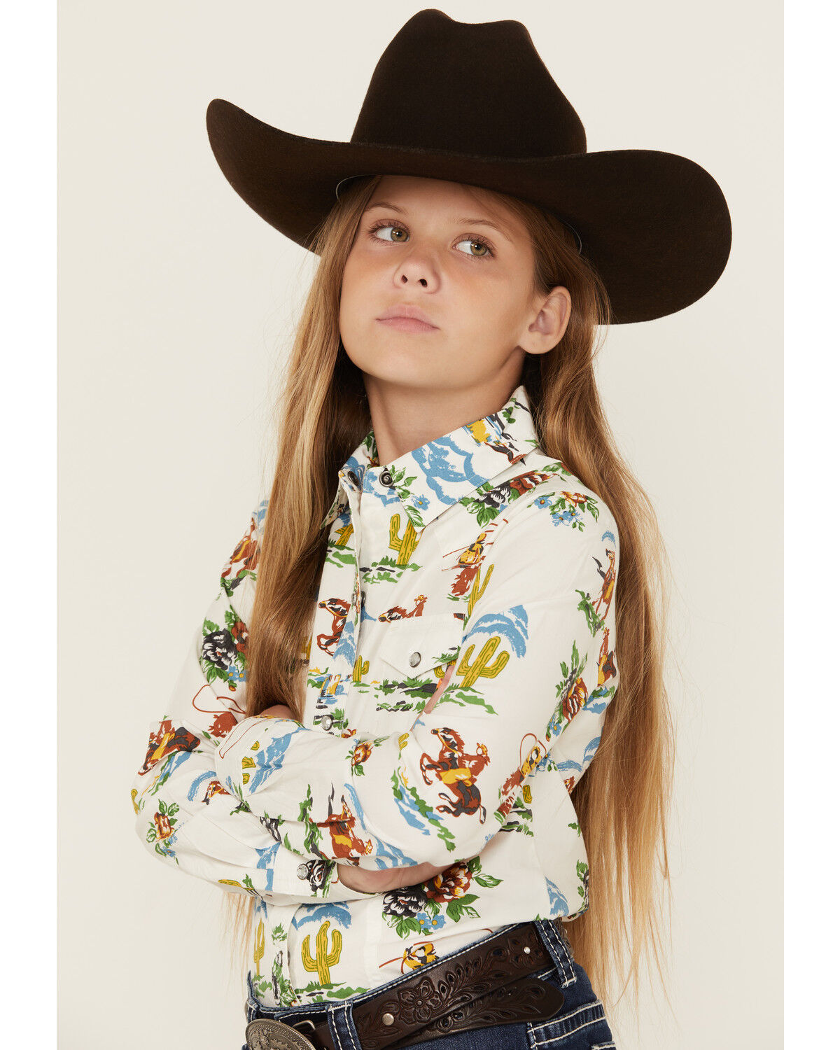 Image #2 - Cruel Girl Girls' Printed Long Sleeve Rhinestone Snap Western Shirt, Cream, hi-res