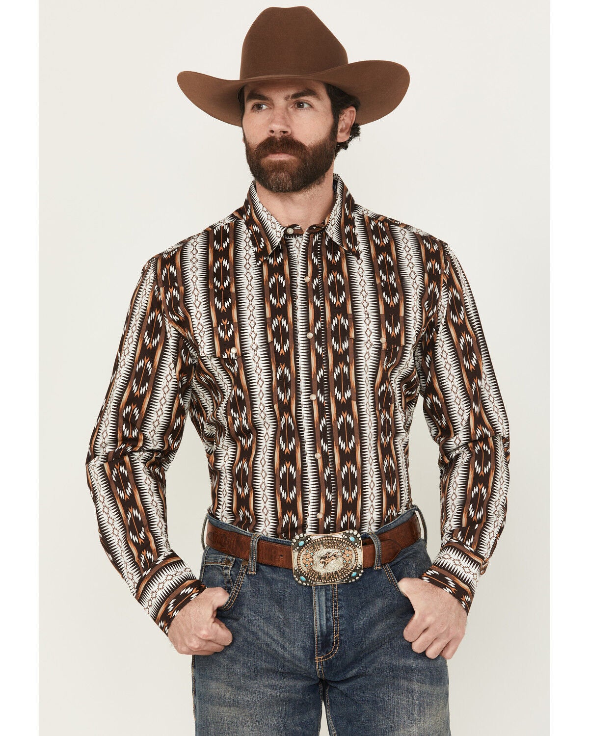 Wrangler Men's Checotah Southwestern Striped Print Long Sleeve Pearl Snap Western Shirt - Big, Brown, hi-res