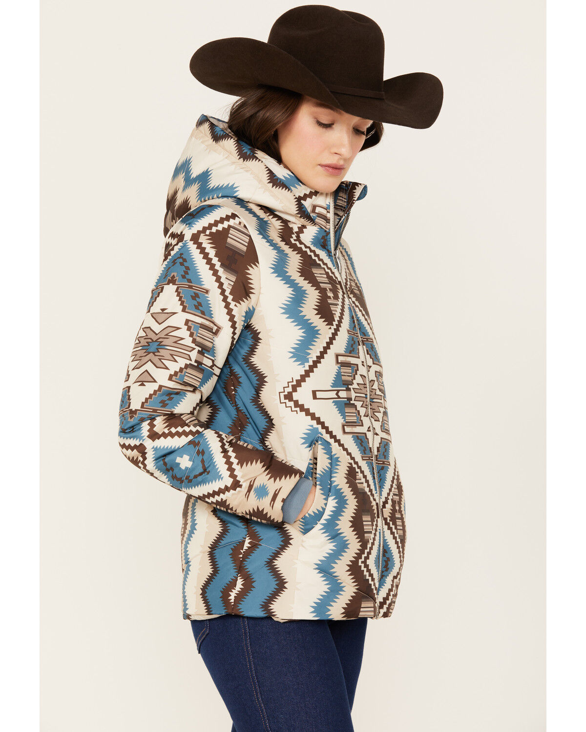 Image #2 - Ariat Women's Chimayo Print Hooded Puffer Jacket, Cream, hi-res