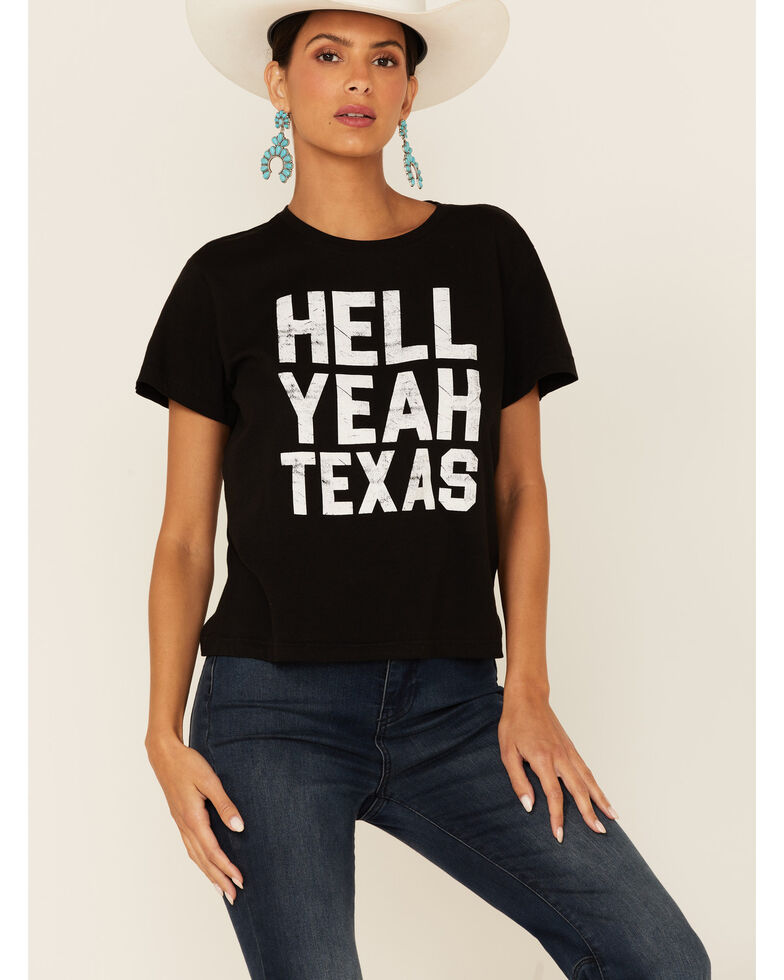 Blended Women's Hell Yeah Texas Graphic Short Sleeve Crop Tee  , Black, hi-res