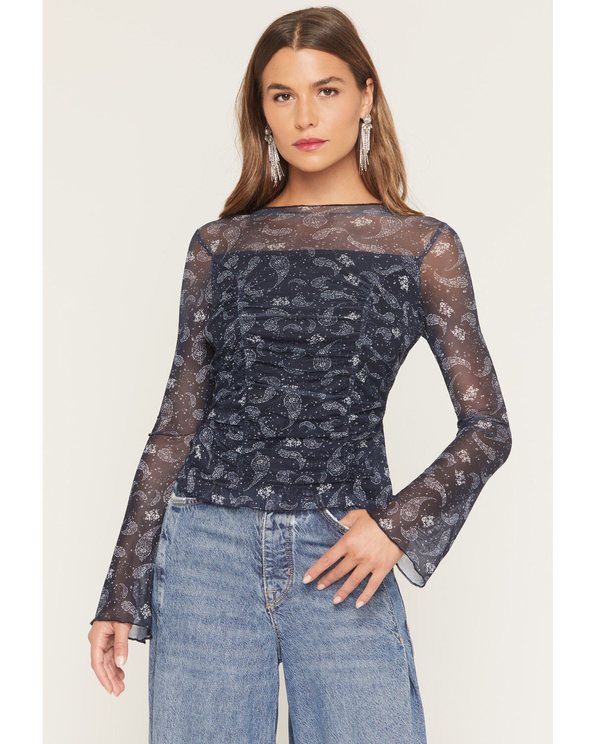 Ash & Violet Women's Paisley Print Long Sleeve Mesh Top, Blue, hi-res