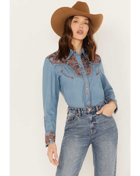 Image #1 - Scully Women's Floral Embroidered Western Shirt, Blue, hi-res