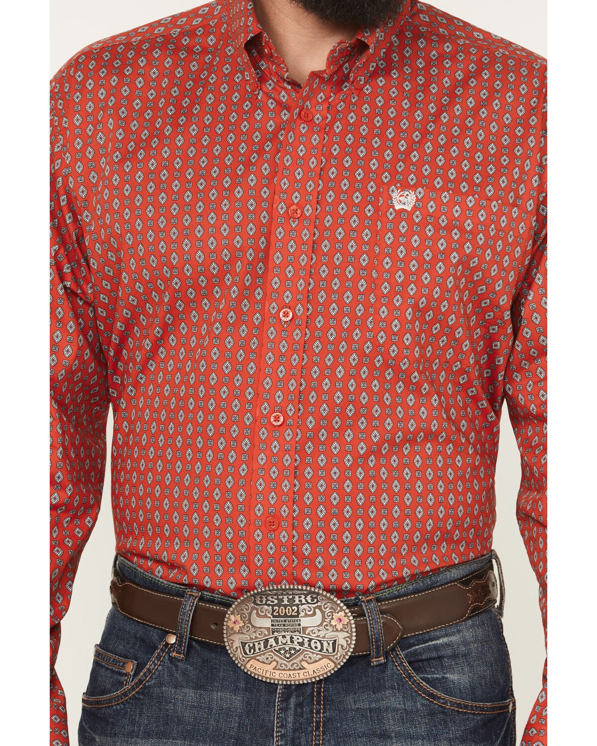 Image #3 - Cinch Men's Geo Print Long Sleeve Button-Down Stretch Western Shirt, Red, hi-res