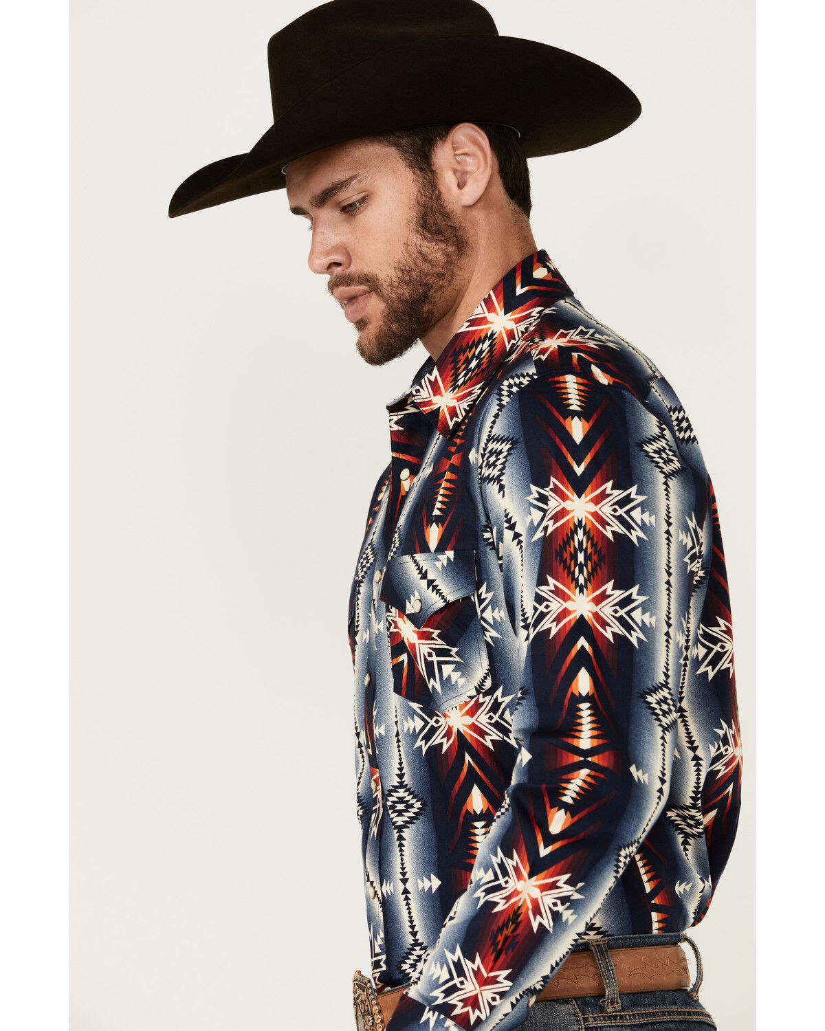 Image #2 - Rock & Roll Denim Men's Southwestern Print Long Sleeve Snap Stretch Western Shirt, Navy, hi-res