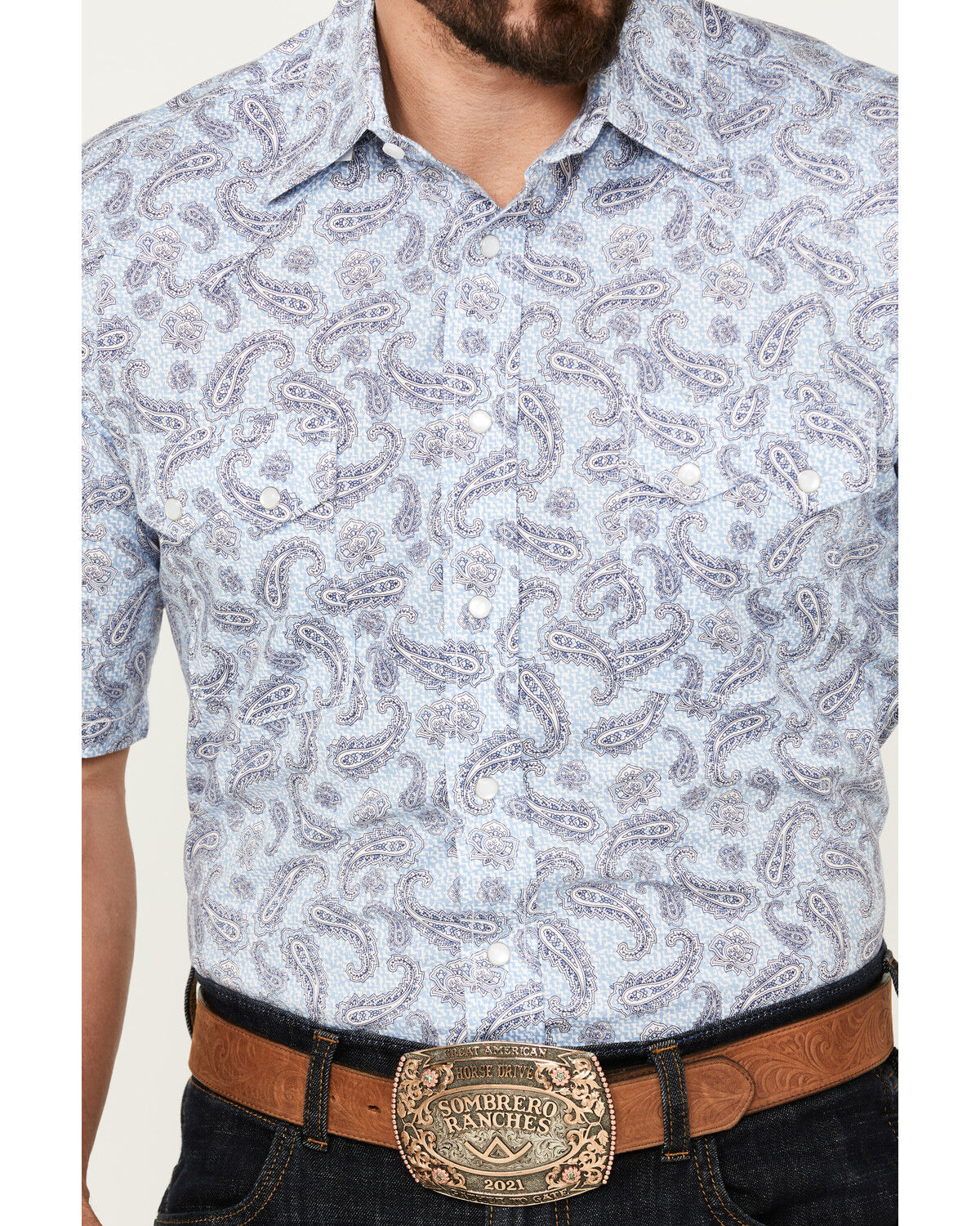 Image #3 - Rough Stock by Panhandle Men's Stretch Paisley Print Short Sleeve Pearl Snap Western Shirt, , hi-res