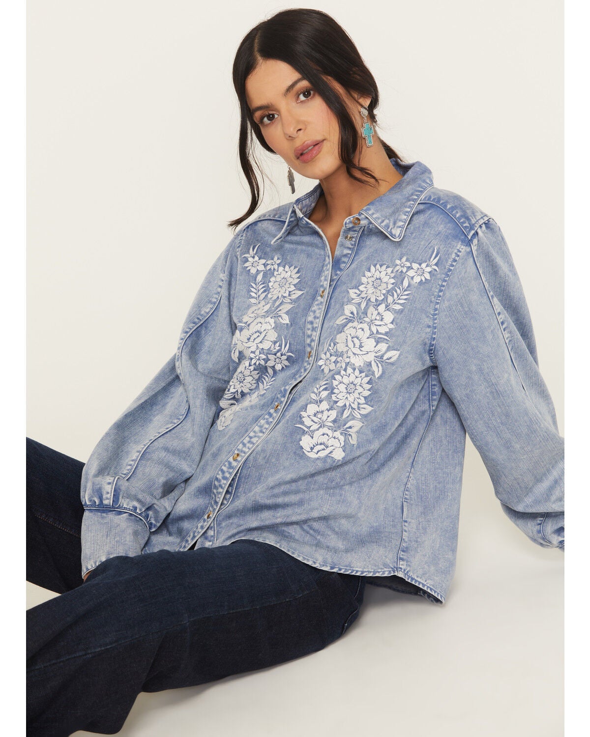 Image #1 - Kimes Ranch Women's Mae Floral Embroidered Long Sleeve Snap Relaxed Fit Western Shirt, Light Blue, hi-res