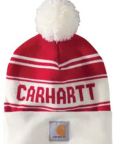 Carhartt Knit Cuffed Logo Pom Pom Work Beanie , Red, hi-res