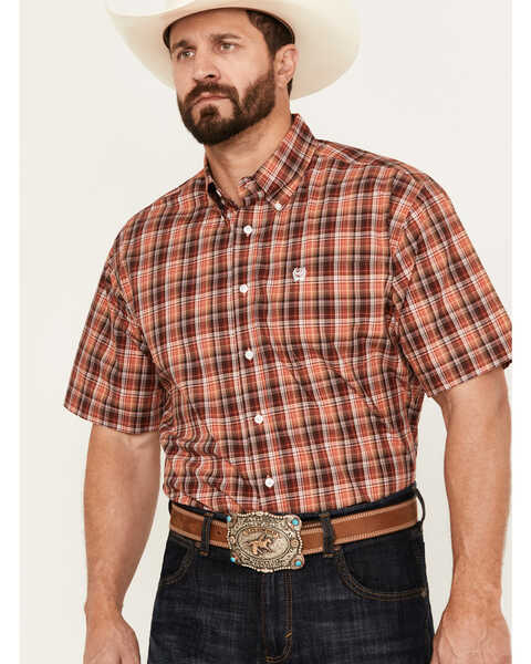Cinch Men's Plaid Print Short Sleeve Button Down Western Shirt, Orange, hi-res