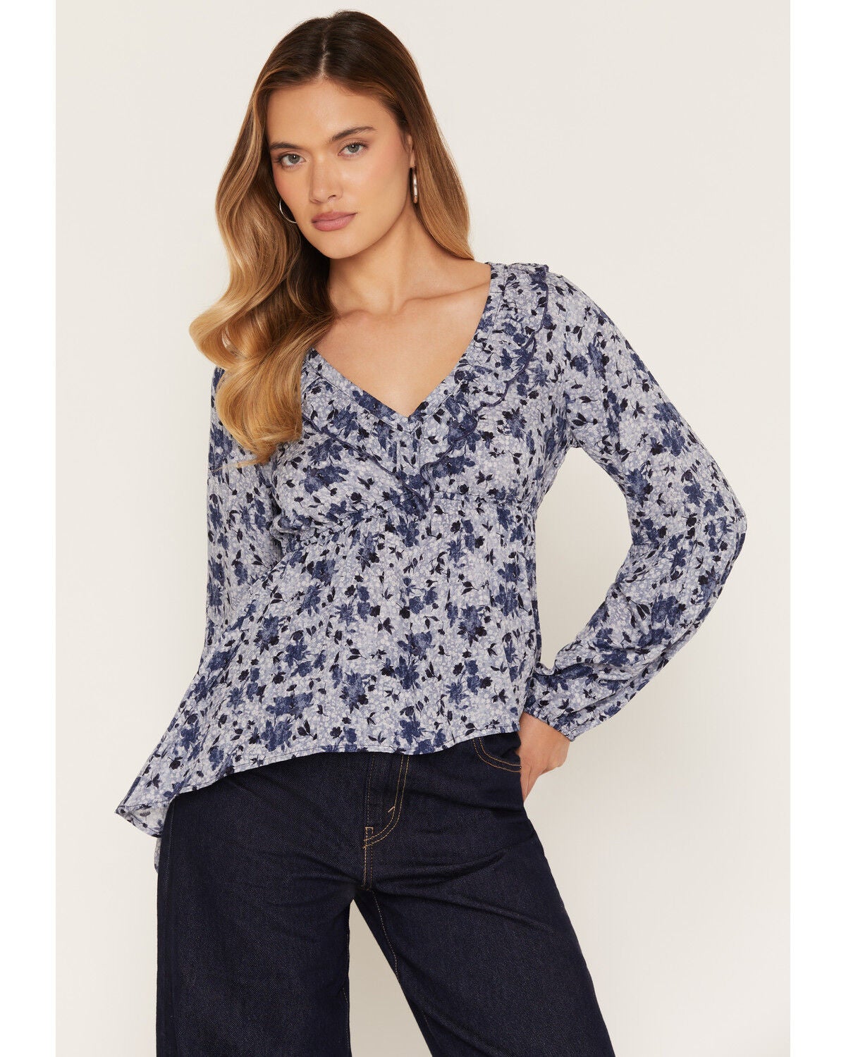 Wild Moss Women's Floral Print Ruffle Long Sleeve Top, Navy, hi-res
