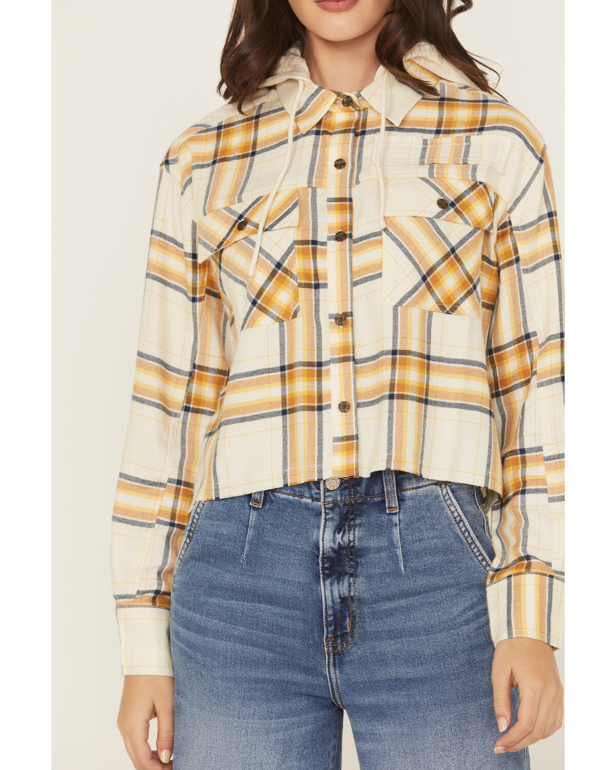 Image #3 - Cleo + Wolf Women's Cropped Flannel Hooded Shacket, Sand, hi-res